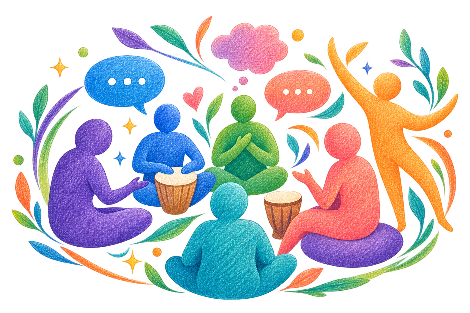 A colourful sketched illustration of adults connecting through conversation, music, drumming, reflection and movement.